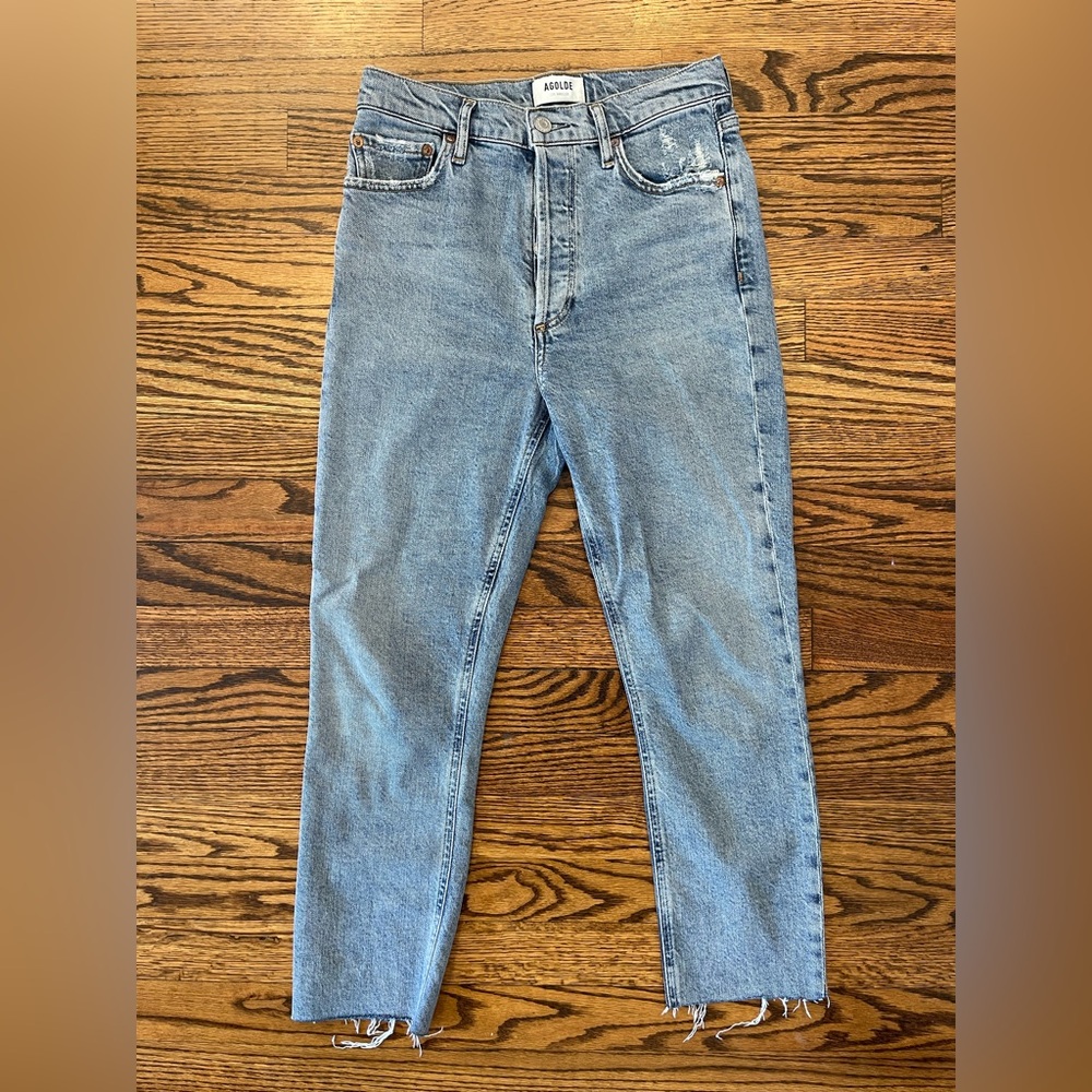 AGOLDE Nico distressed high rise slim jeans with raw hem